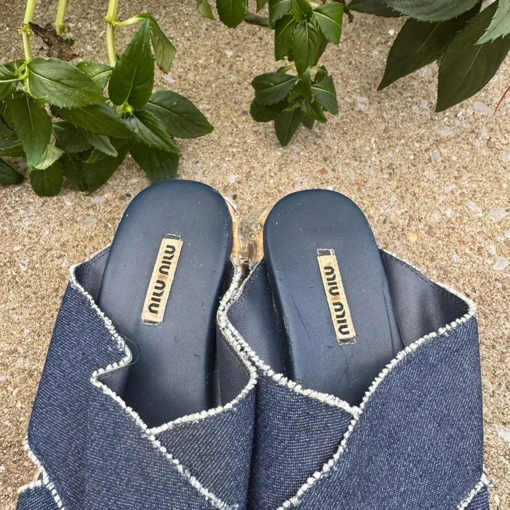 Miu Miu Criss Cross Jeweled Blue Y2K Denim Platform Sandals